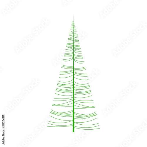 Single abstract spruce. Slender coniferous tree. Asymmetrical side branches. Evergreen coniferous culture. Green whimsical silhouette. Cedar, fir, pine. Seasonal minimalist design for logo, label.