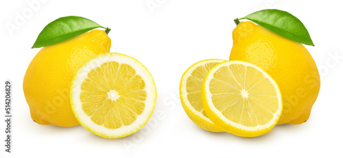 Ripe lemon fruit and slice with leaves isolated on white background