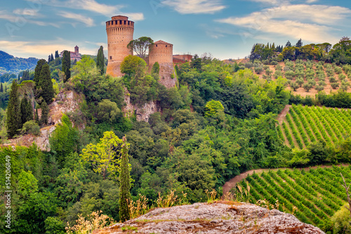 Brisighella, Ravenna, Emilia-Romagna, Italy, Ravenna, Emilia-Romagna, Italy. Beautiful panoramic aerial view of the medieval city and Manfredian fortress with clock tower. Famous symbols photo