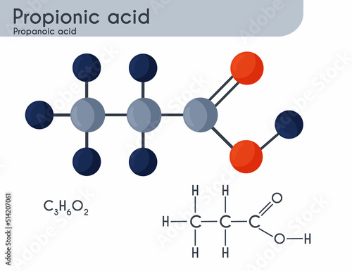 Propionic acid, chemical formula C3H6O2. Propanoic acid. Preservative for stored grains. Body odour. Isolated on white background. 