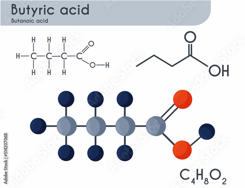 Butyric acid, butanoic acid molecule. Butyrates or butanoates are salts and esters. 	Butter.Structural chemical formula and molecule model. Vector illustration. photo