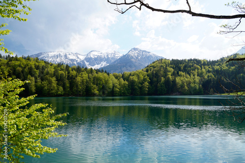 transparent emerald-green waters of lake Alatsee in Fuessen with the snowy Alps and the lush green spring forest in the background, Bavaria, Germany  © Julia