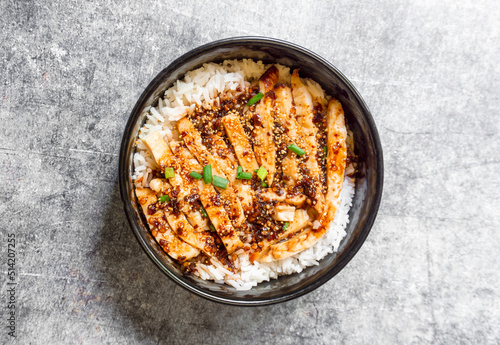 Top view grilled chicken with spicy sauce on rice.