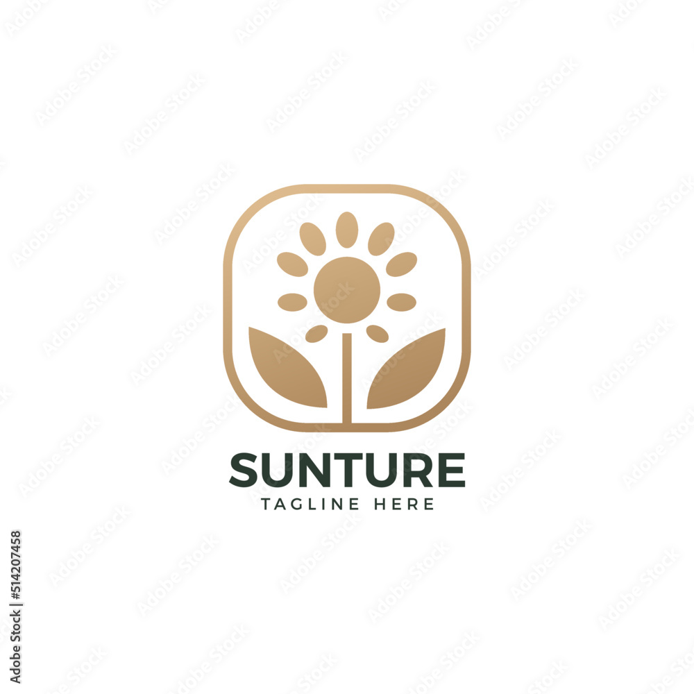 Sun flower in square frame logo. Outline media nature line logo concept. Botanical icon for farm, company, beauty, flourish vector illustration Sun flower in square frame logo. Outline media nature line logo concept. Botanical icon for farm, company, beauty, flourish vector illustration