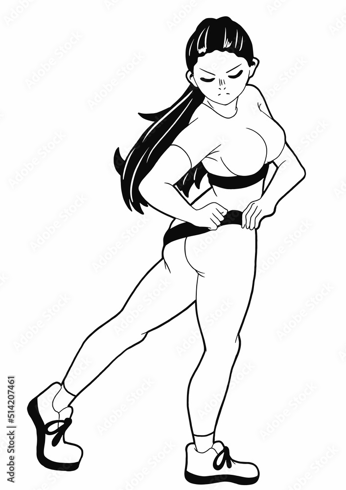 A cute girl athlete stands and straightens her leggings, she has big breasts, wears a topic. She has long black hair in a manga-style ponytail.