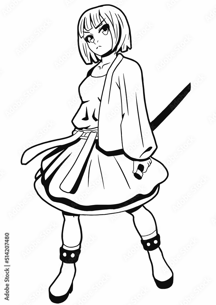 Cute girl warrior samurai schoolgirl standing in a fighting pose with a ...