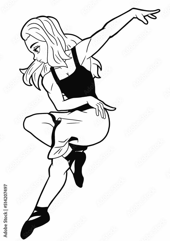 A cute girl with long blond hair drawn in the style of Japanese manga comics dances standing on one leg, she wears a black tank top and a knee-length dress