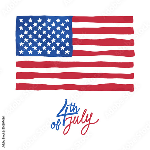 4th of July greeting card Vector design. American flag isolated on white background. Cartoon style
