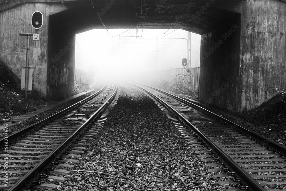 Rail road tracks through a tunnel a foggy day in black and white.