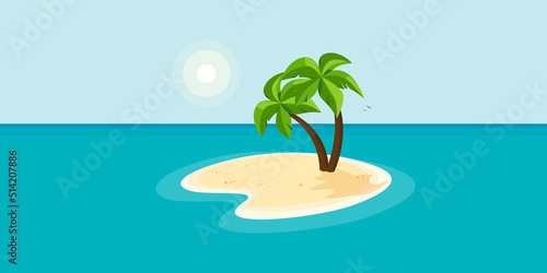 Lonely sandy island with palm tree on beach in middle of blue sea ocean water and summer sunny sky in background. Desert island alone with water around. Minimalist cartoon flat vector illustration.