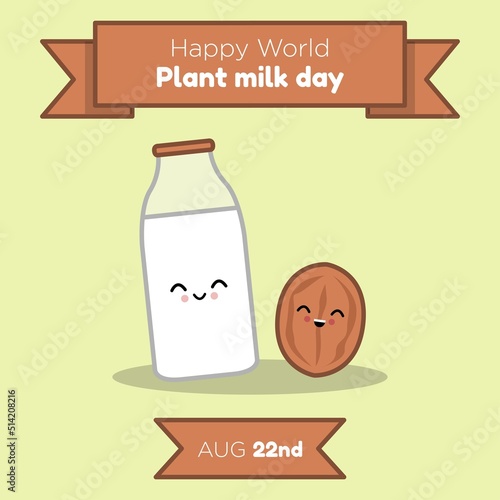 World plant milk day social media post, banner, non-dairy drink celebration advertisement concept, cute kawaii nuts and glass bottle cartoon marketing square ad, August 22nd holiday abstract print