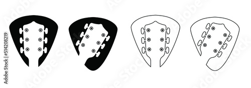Guitar pick. Cartoon guitars headstock, rock music guitar necks or head silhouette. Vector icon or logo. Musical, acoustic entertainment. Guitar head symbol. Bass Guitar headstock or peghead.
