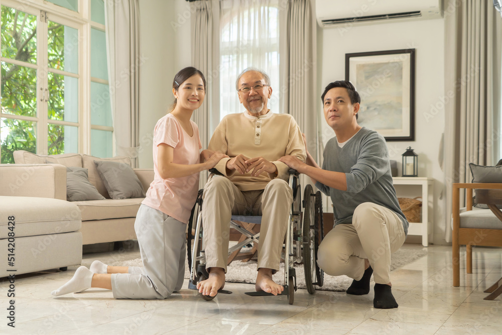 Portrait of happy smiling Asian Family living together at home in family relationship. reunion. Love of father, daughter, grandfather and son. People lifestyle.