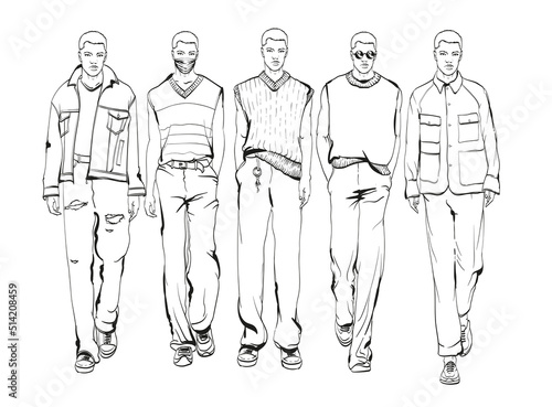 Fashion man set. Sketch of a fashion man in a jacket on a white background. Autumn man. Street style