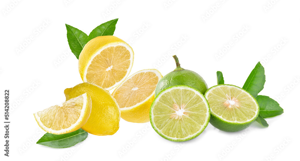  yellow lemon and   green lemon isolated on white  background.