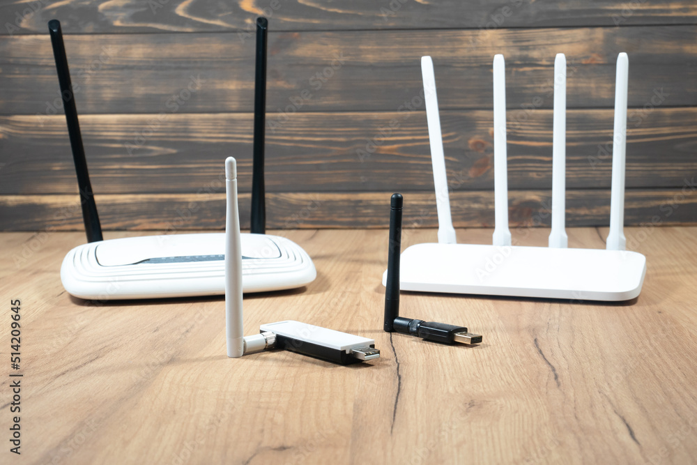 Different types of WiFi routers, modern and old technology. Wireless