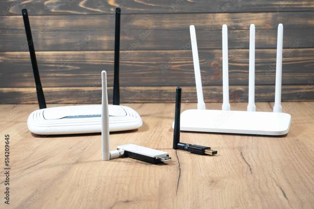Different types of Wi-Fi routers, modern and old technology. Wireless  ethernet connection signal. USB Wifi Receiver Wireless Network Card. High  Speed Antenna Wifi Adapters. Stock-Foto | Adobe Stock
