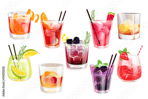 Cocktail set.Summer classic drinks in low glasses: Old fashion, blackberry, watermelon and strawberry cocktails, negroni, Americano, caipirinha.