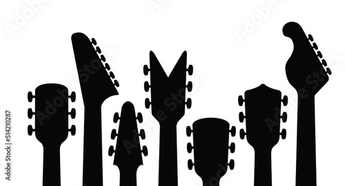 Cartoon electric, guitars headstock Rock music guitar necks or head silhouette Vector icon or logo. Musical, acoustic entertainment. Guitar head symbol. Bass Guitar headstock or peghead.