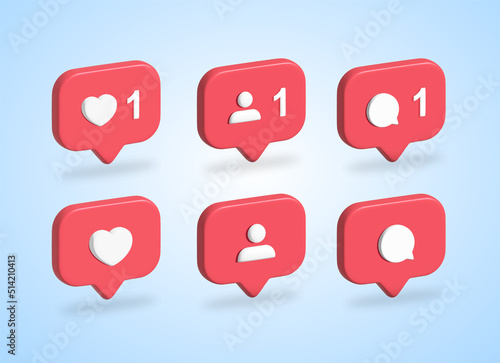 3D social media notification icon set vector, love, like, follow, comment