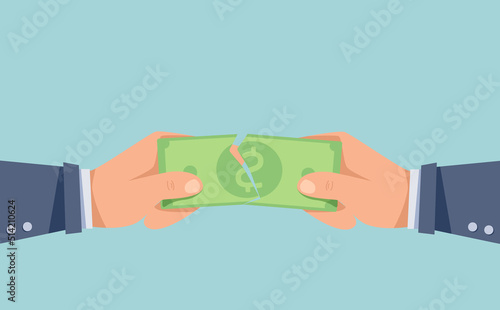 Hands tearing a banknote into two parts. Businessmen can't distribute money. Vector illustration in flat style