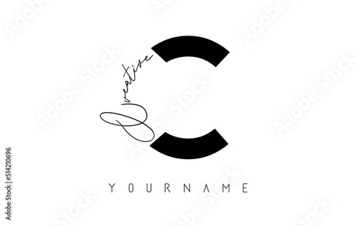Creative C logo with cuts and handwritten text concept design. Letter with geometric design.