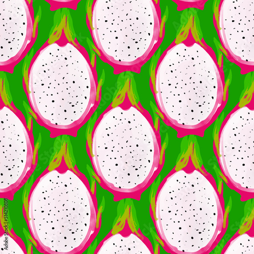 Seamless pattern with iIllustration of a pitahaya on a green background
