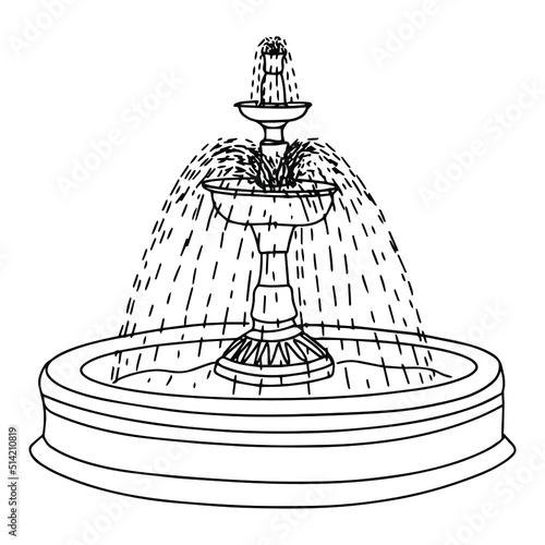 The classic water fountain is made in the shape of a flower, doodle style drawing.