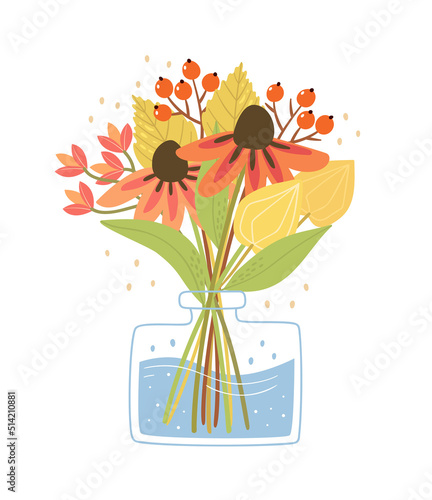 Hand-drawn cartoon bouquet with rowan branches and leaves in a vase. Pretty floral illustration for teachers day and other fall holidays. Seasonal design with autumn flowers.