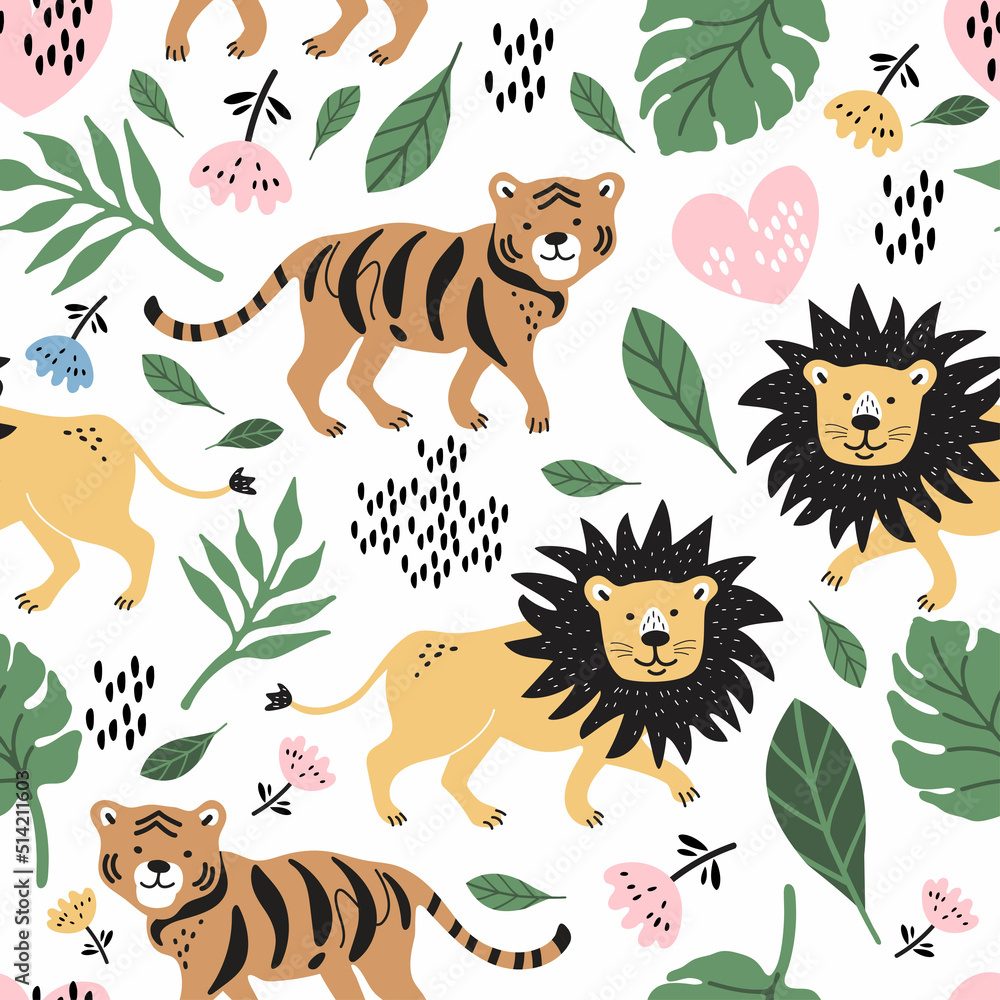 Obraz premium Seamless pattern with cute cartoon animals. Tropical plants, tigers, lions.
