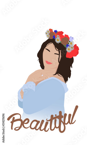 Beautiful female with long hair and with a wreath of flowers on her head. Vector postcard in a minimalist style. International Women's Day. Postcard with inscription isolated on white background.
