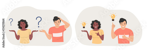 Young woman and man surrounded by a question mark and finding new idea. Shiny light bulb. Flat style cartoon vector illustration.
