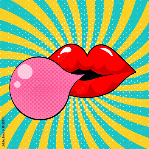Poster with lips blown a bubble gum