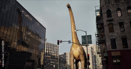 Brachiosaurus, sauropod walks down a New York street. Dinosaur. High skyscrapers downtown in the big city. USA, North America. 3D rendering photo