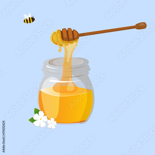 Honey drips from wooden dipper. Glass jar full of pure honey isolated on blue background. Vector illustration of delicious organic sweets in cartoon flat style