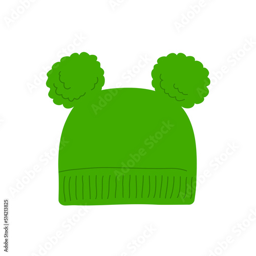 Winter hat for children. Seasonal warm green hat. Cute baby clothes. Beauty and fashion. Modern stylish clothes and wardrobe. Flat vector illustration isolated on white background
