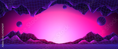 Banner of concept of technology metaverse. Concept of virtual digital reality. Simulation of network futuristic world. Future digital metaverse. 3d vector illustration. Innovation global technology. photo