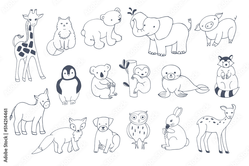 Animals: elephant, bear, giraffe, fox, dog, cat, pig, raccoon, sloth, donkey, owl, koala, pig, fur seal, rabbit vector illustrations line set