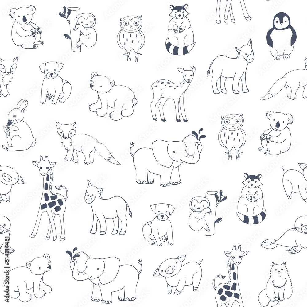 Animals: elephant, bear, giraffe, fox, dog, cat, pig, raccoon, sloth, donkey, owl vector seamless line pattern 