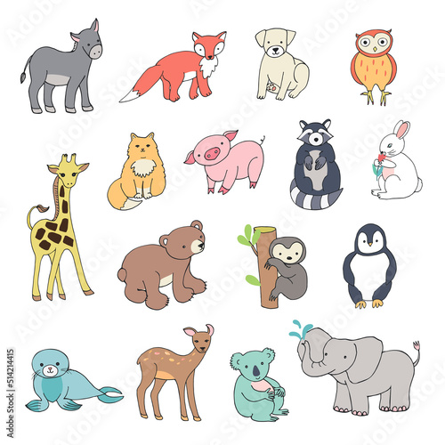 Fototapeta Naklejka Na Ścianę i Meble -  Animals: elephant, bear, giraffe, fox, dog, cat, pig, raccoon, sloth, donkey, owl, koala, pig, fur seal, rabbit vector illustrations set