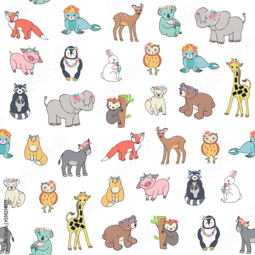 Fototapeta Naklejka Na Ścianę i Meble -  Animals: elephant, bear, giraffe, fox, dog, cat, pig, raccoon, sloth, donkey, owl vector seamless pattern 