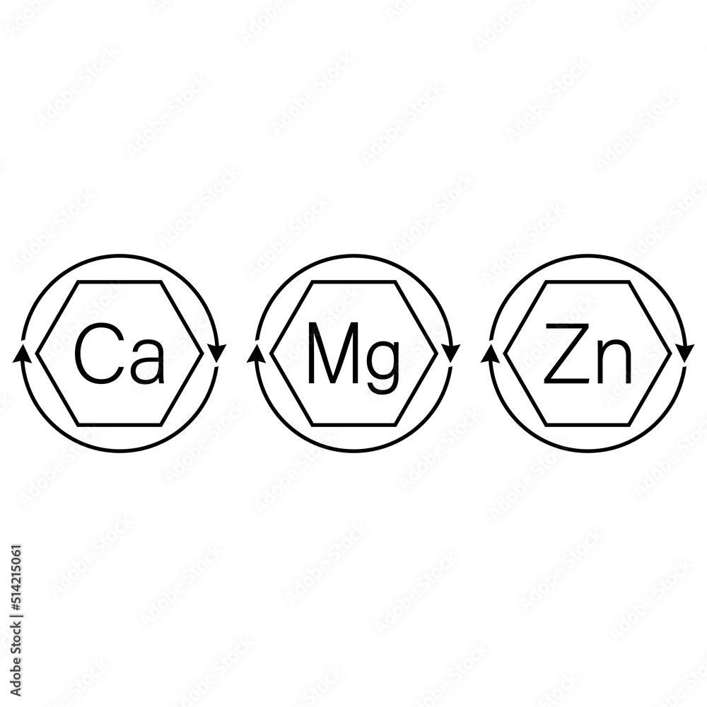 Calcium, magnesium and zinc vitamins. Ca, Mg, Zn icon set. Vector ...
