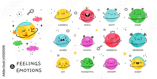 Feelings and emotions characters with cute faces. Vector cartoon characters feelings collection for education concept or kid project. Basic human positive and negative emotions for kids game. 