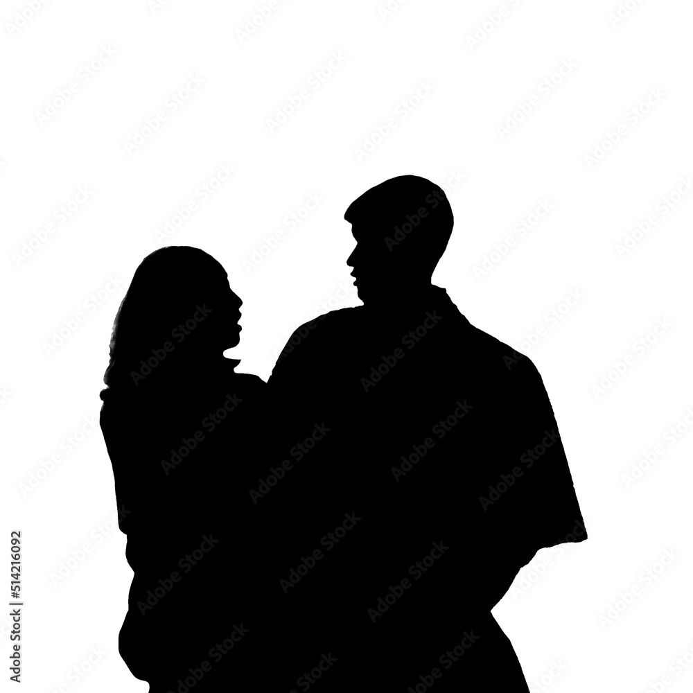 silhouettes of women and men hugging and talking.