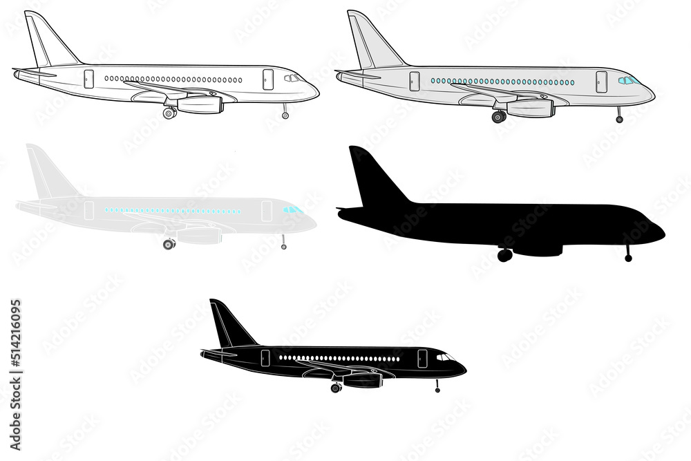 Set of Vector illustration of an airplane in profile in isolate on a white background. Passenger plane. Traveling. Set of Vector illustration of an airplane in profile in isolate on a white background. Passenger plane. Traveling.