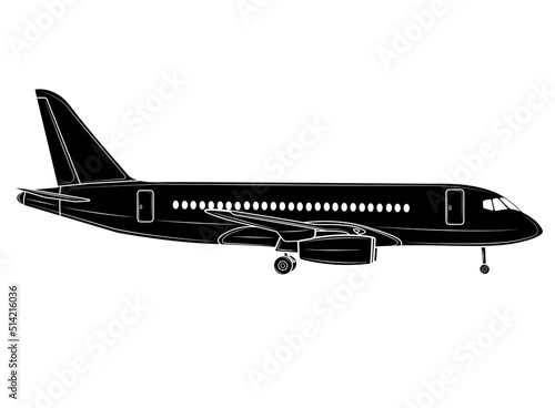 Black silhouette Vector illustration of an airplane in profile, isolate on a white background. Passenger plane. Traveling.