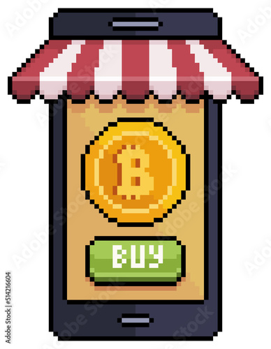 Pixel art buy bitcoin by mobile. Cell phone with awning vector icon for 8bit game on white background
