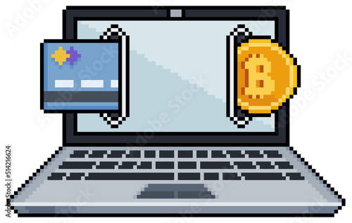 Pixel art laptop buy bitcoin with credit card. Buying bitcoin from laptop vector icon for 8bit game on white background
