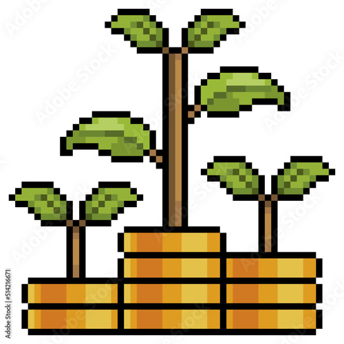 Pixel art plants over gold coins. Investment and profit growth vector icon for 8bit game on white background
