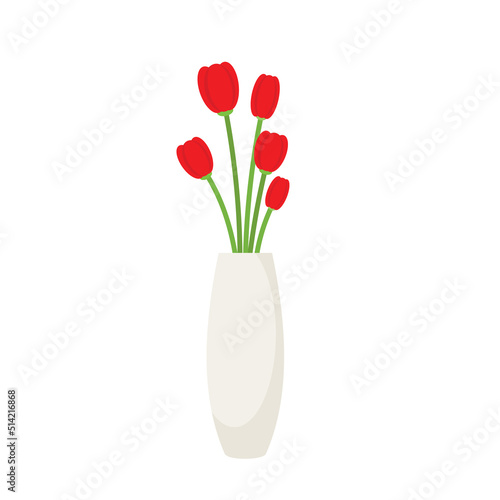 Vase with blooming flowers for decoration and interior. Beautiful red tulip flowers in ceramic vase isolated on white background. Vector stock
